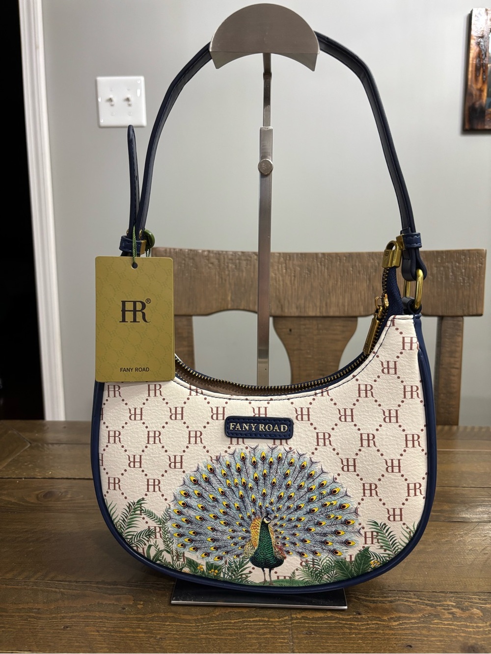 Fany Road Navy & Cream Peacock Print Shoulder Bag